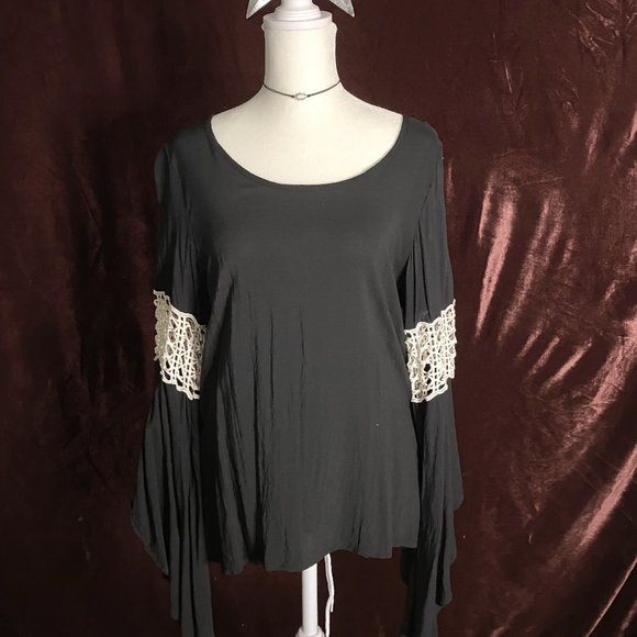 Elan Bell Sleeve Black Top with Crochet Detail Sz M - Picture 1 of 4